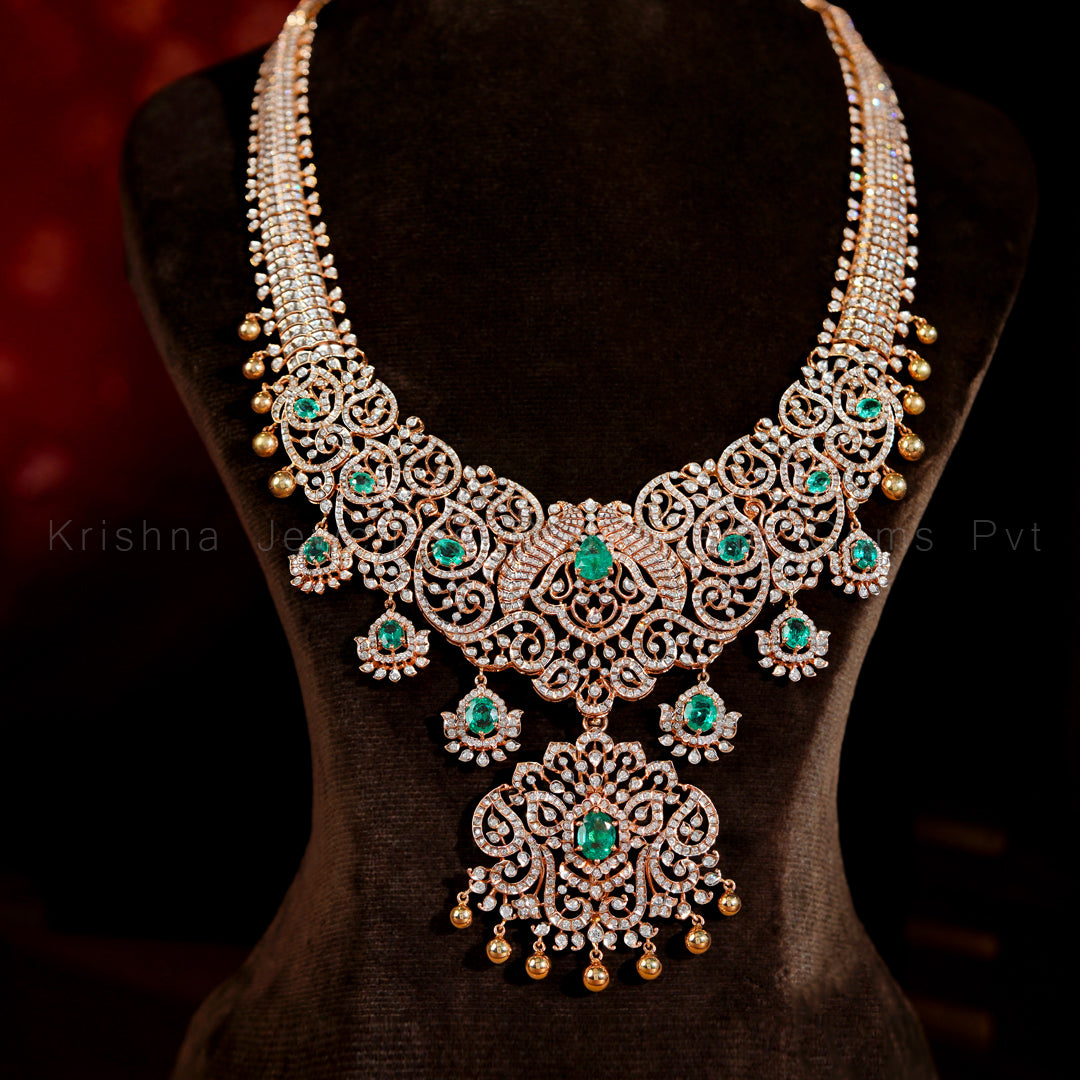 Diamond Emerald Long Haram Necklace | Bridal Rose Gold Haaram