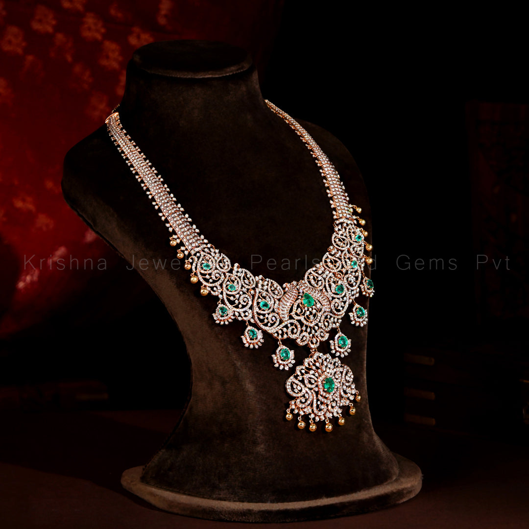 Diamond Emerald Long Haram Necklace | Bridal Rose Gold Haaram