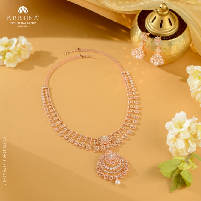 Rose Gold Petals Diamond Necklace And Jhumka Sets