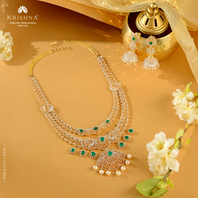 Sparkling Diamond Long Necklace and Jhumkii Set