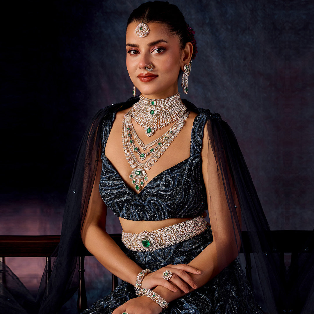 Diamond Emerald Layered Necklace Set | Two-Step Bridal Long Haram - detail