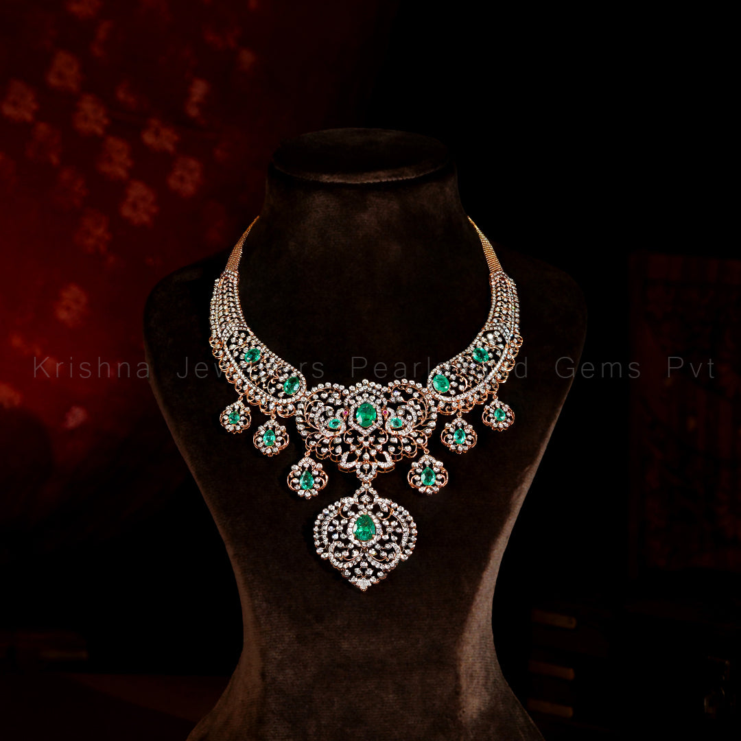 Diamond Emerald Bridal Necklace | Rose Gold Statement Necklace