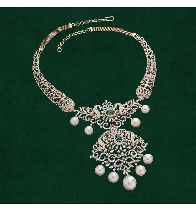 Gold with diamond kanti necklace in peacock design with interchangable stones