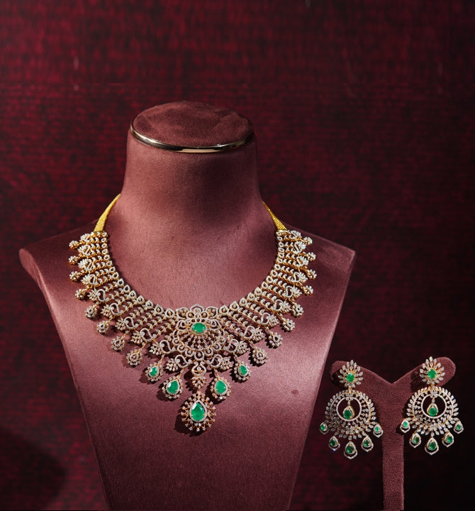 Diamond Floral Emerald Choker and Chandbali Earrings