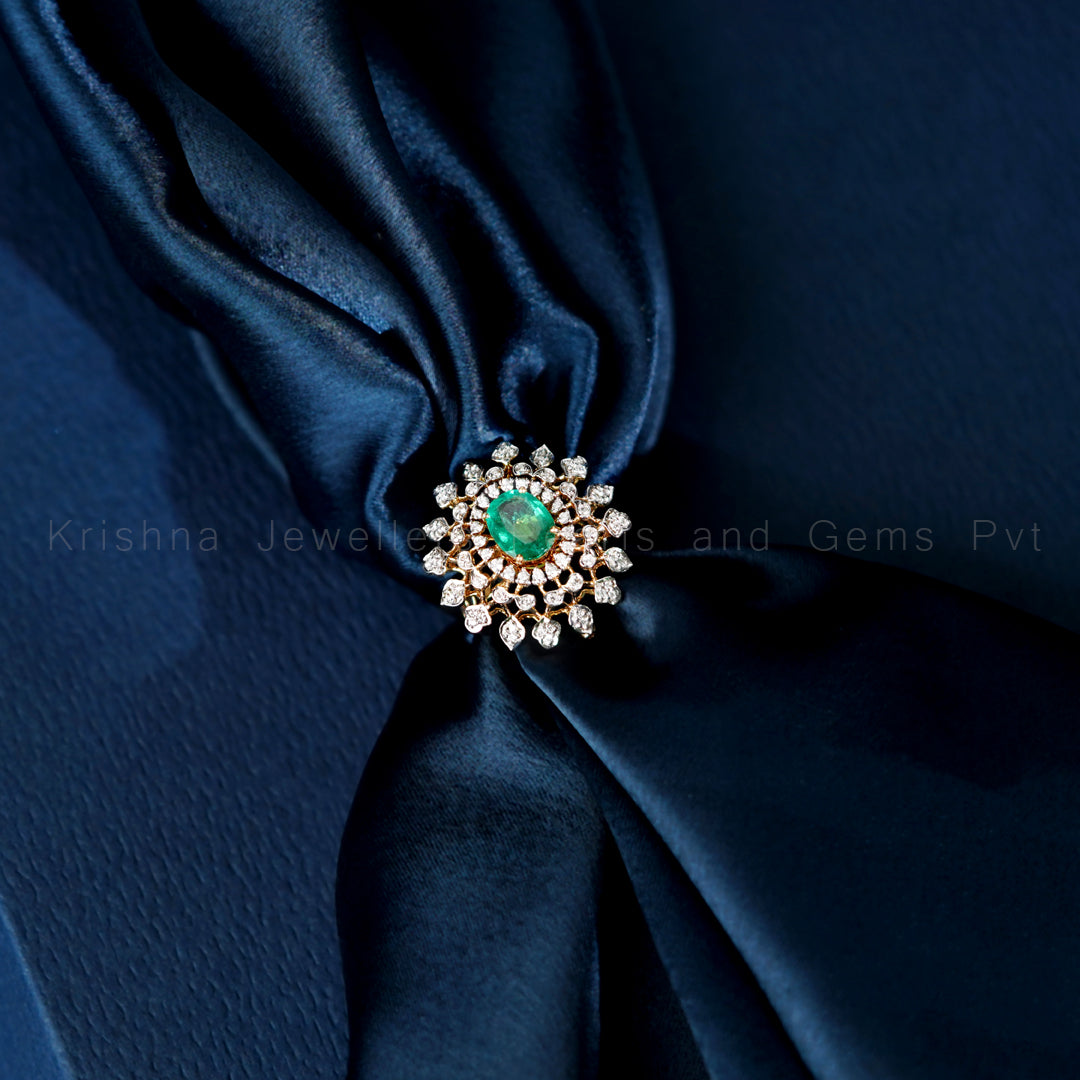 Diamond Emerald Cocktail Ring | Floral Halo Statement Ring in Gold