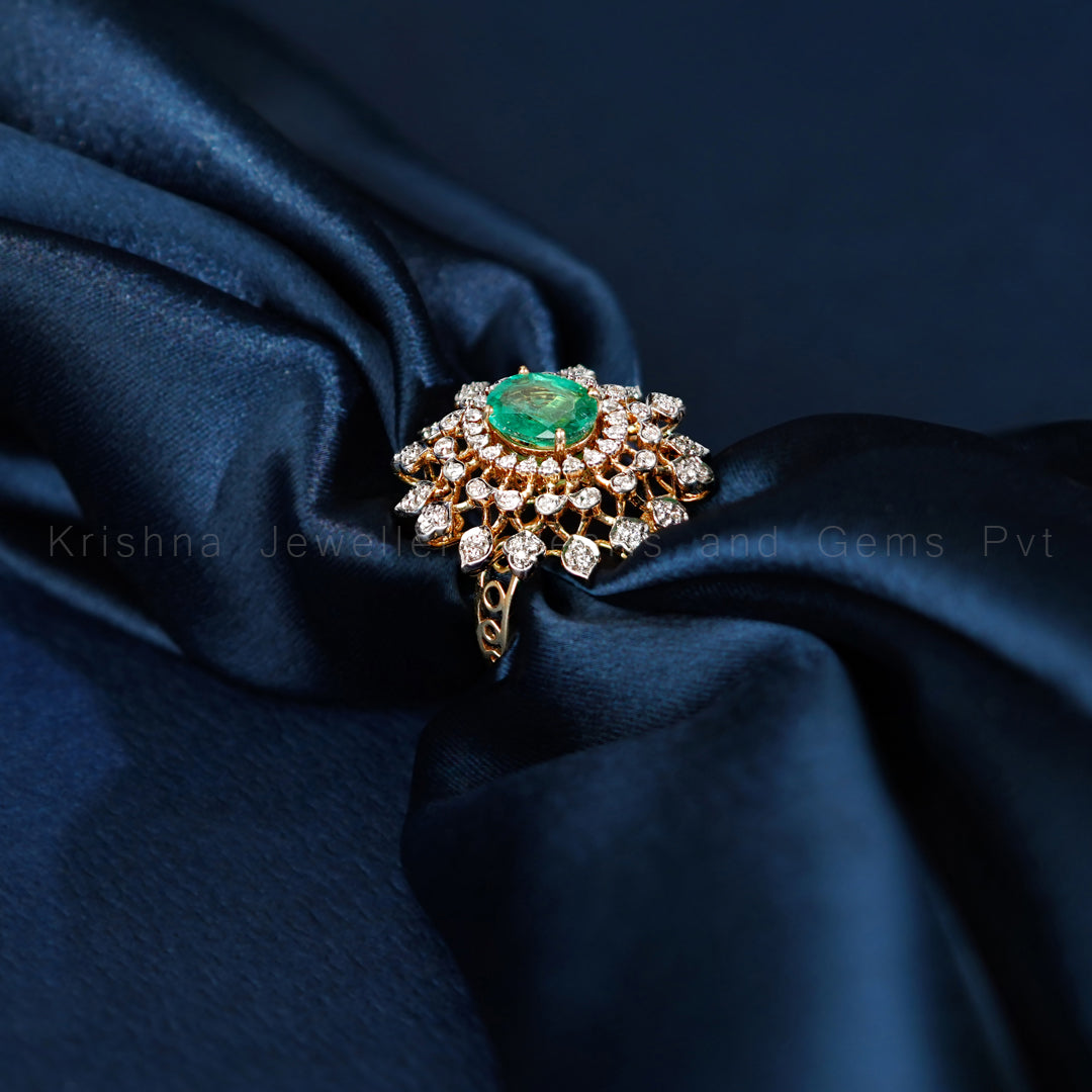 Diamond Emerald Cocktail Ring | Floral Halo Statement Ring in Gold