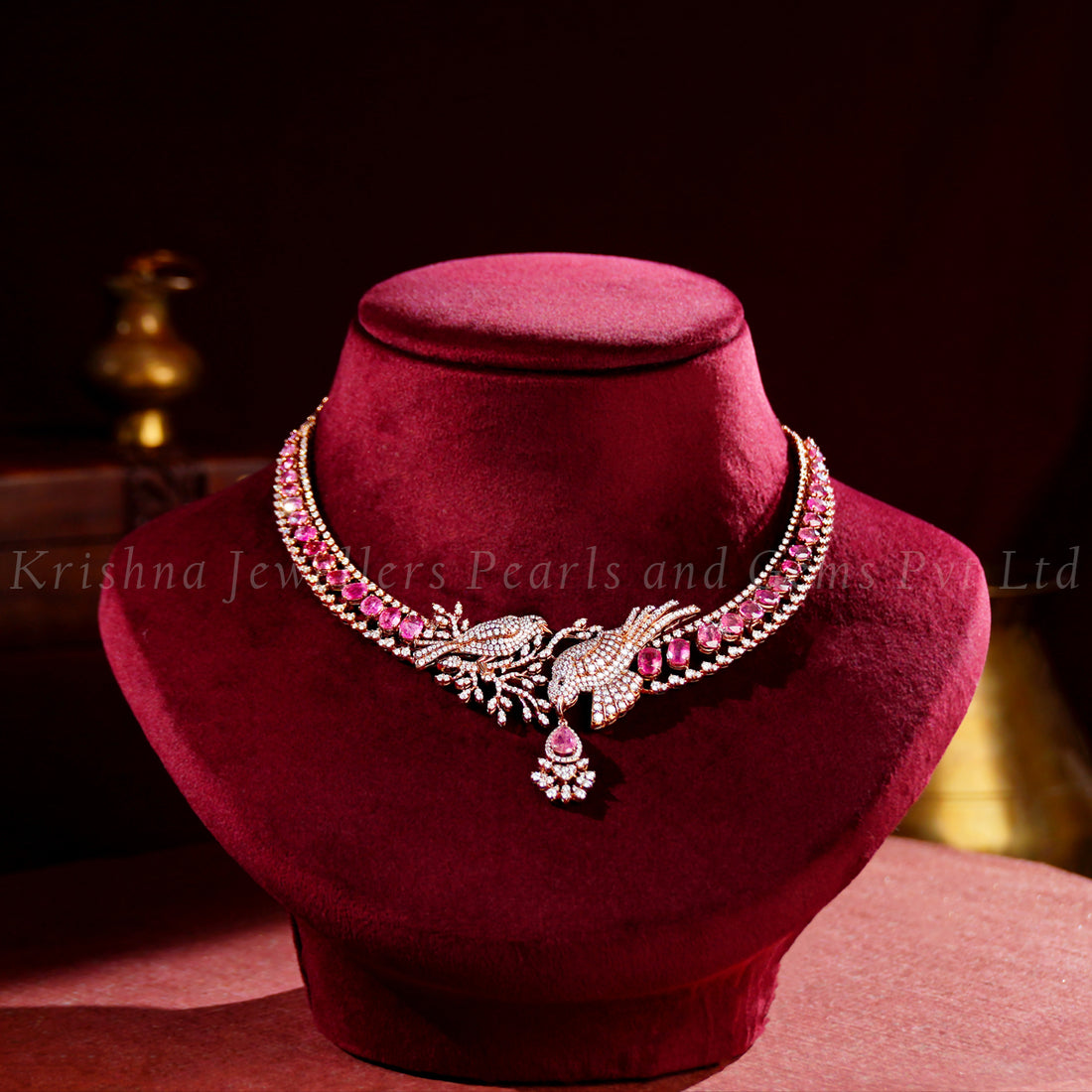 Bird Motif Diamond Necklace with Tourmaline