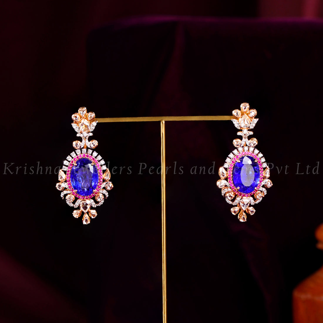18K Gold Diamond Drop Earrings with Tanzanite & Pink Sapphire