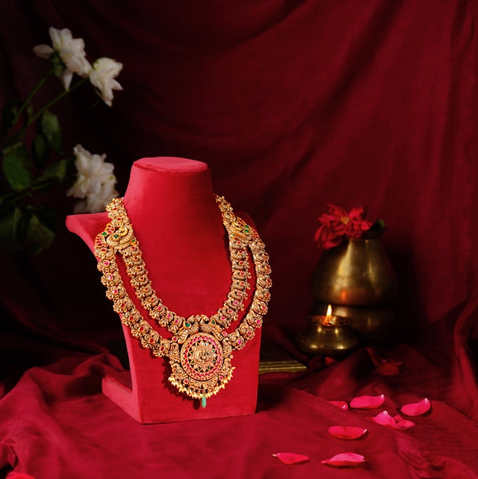 Peacock-Inspired Haram with Flower Motif and Colorful Stones