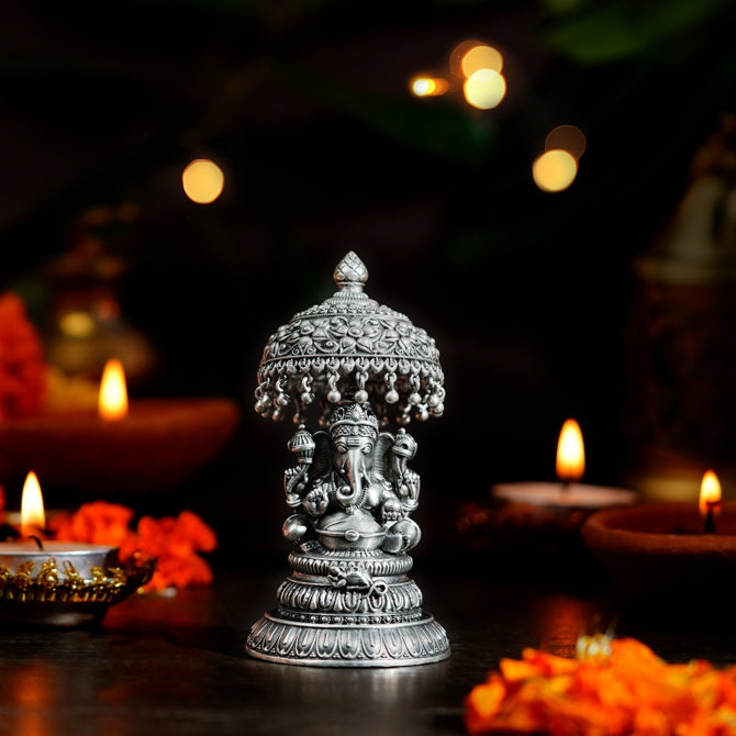 Ganesh Idol with Floral Design Umbrella