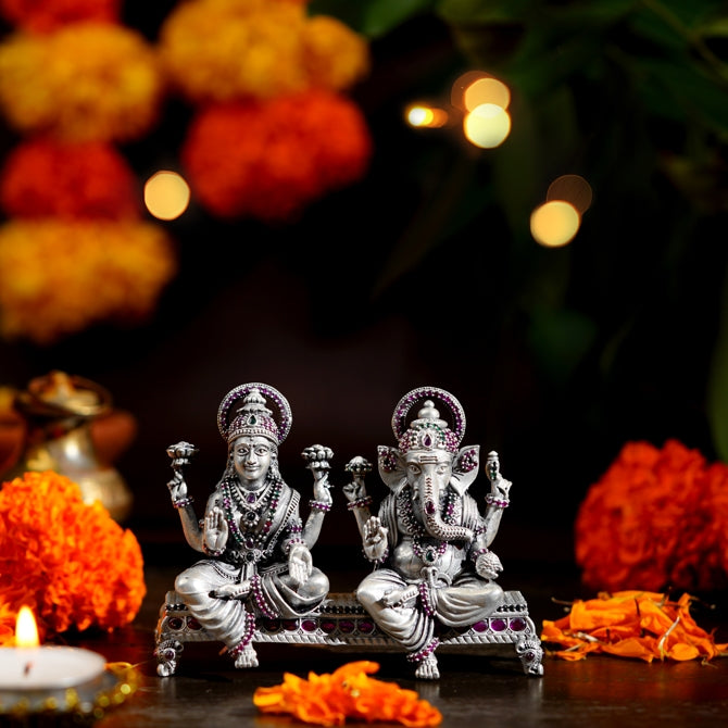 Antique Lakshmi Devi and Ganesh Idol with Color Stones