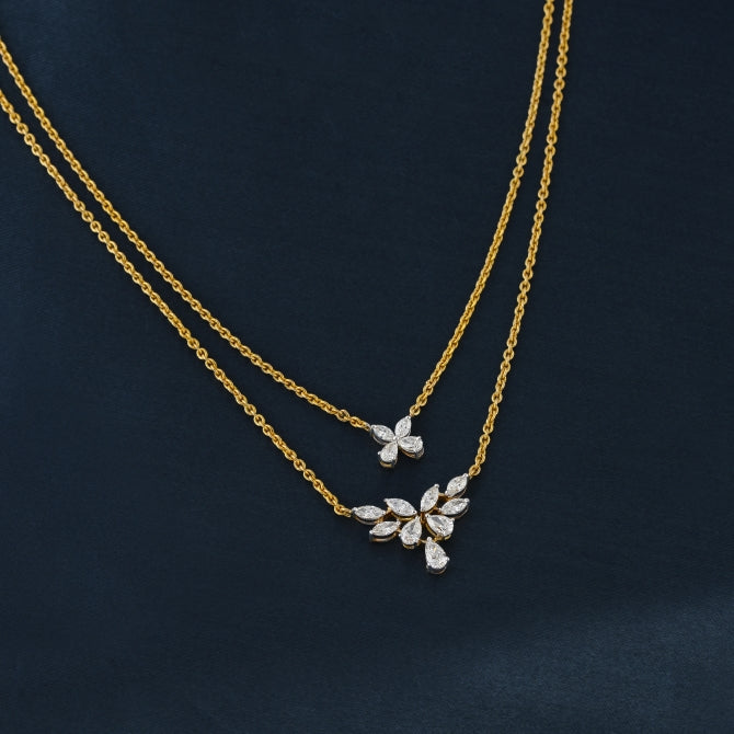 18 Karat Gold Double Chain- Floral Diamond Pendant