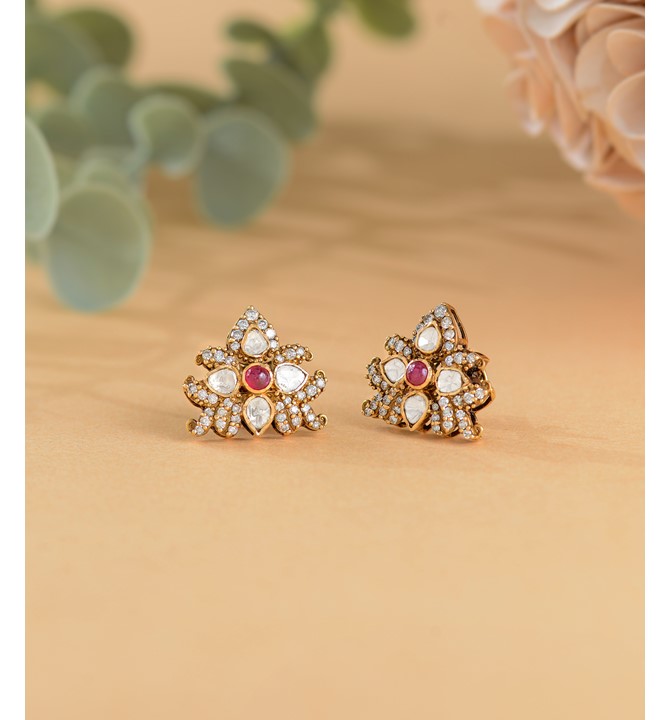 Real Diamond Polki Studs in Floral Motif