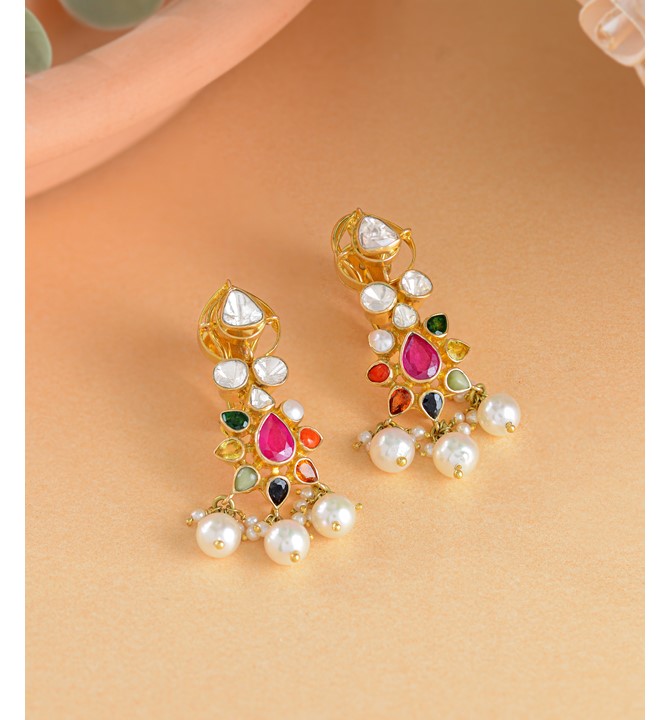Floral Navaratana Hanging Earrings