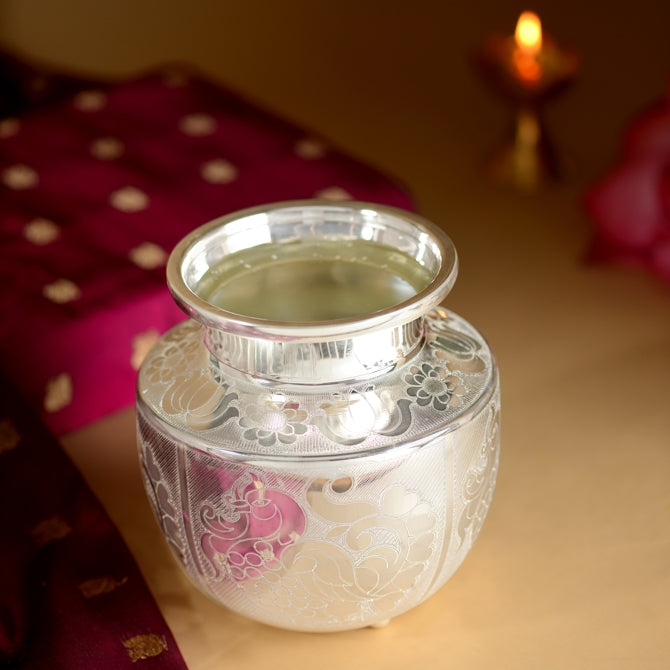 Plain Silver Kalash with Beautiful Peacock Design