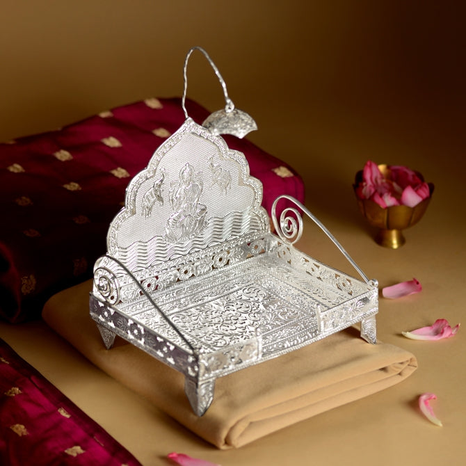 Silver Simhasanam with Goddess Laxmi Devi and Floral Pattern