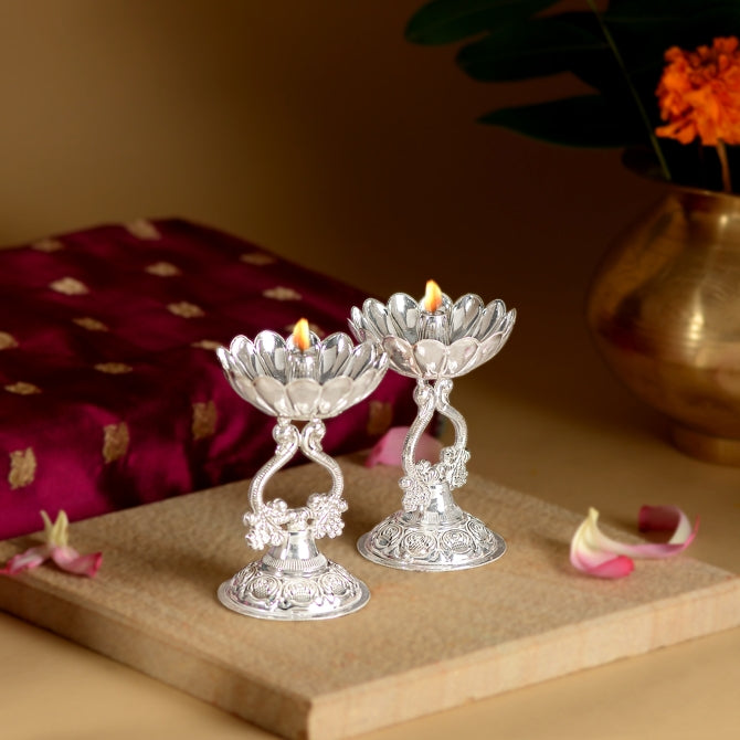 Silver Diyas Set With Peacock Design