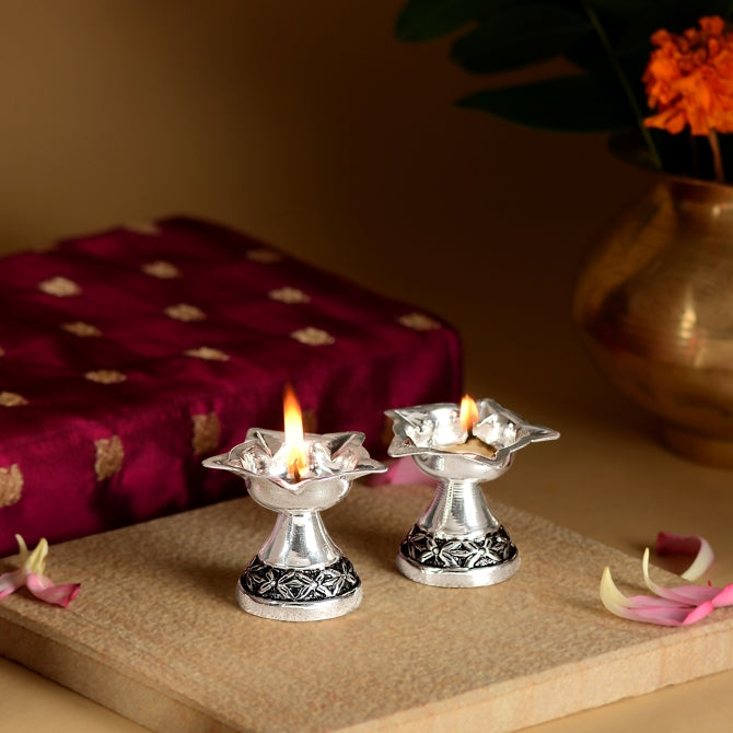 Silver Diyas Set With Antique Design