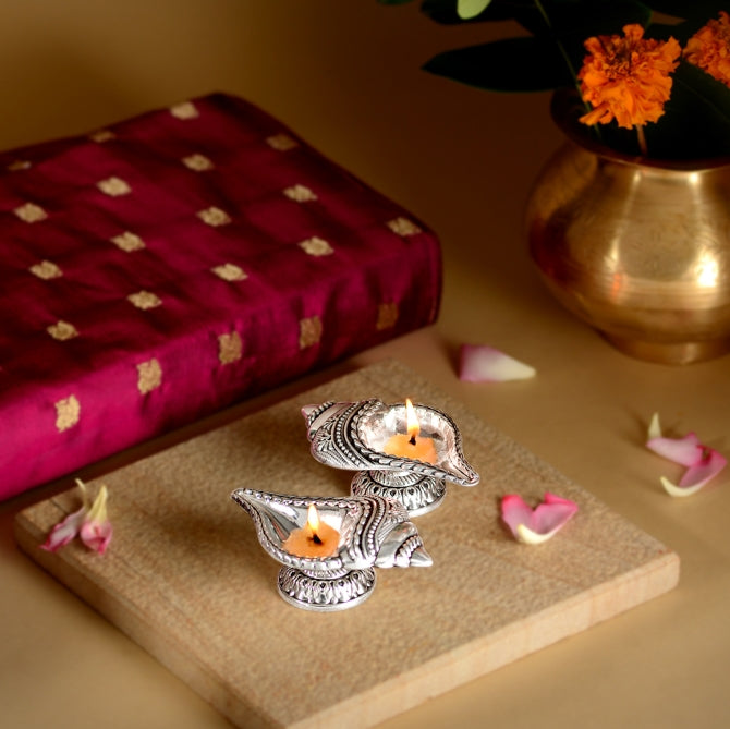 Beautiful Silver Diya Featuring Shankha Pattern