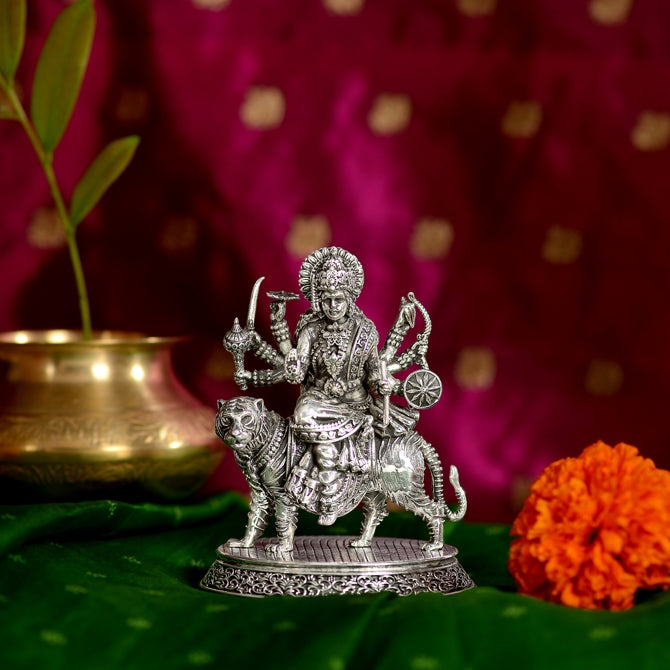 Classic Silver Durga Devi Idol with Antique Touch