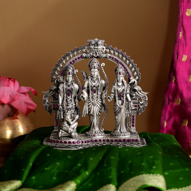 Silver Ram Parivar Idol with Colourful Ruby and Emerald Stones