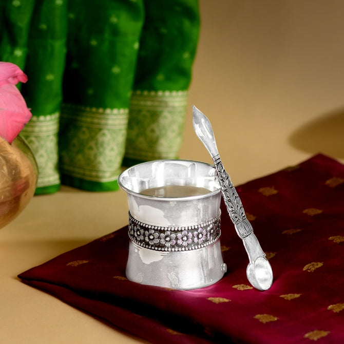 Silver Panchapatra Set With Floral Design