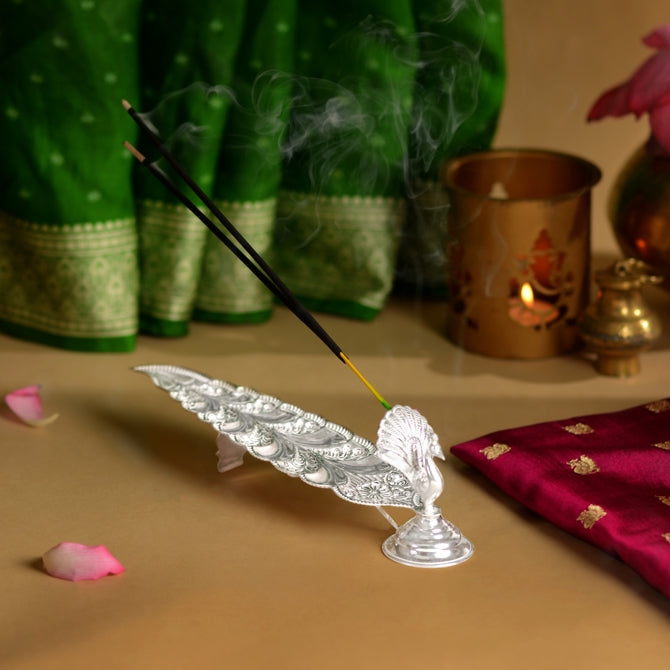 Silver Agarbatti Stand With Peacock Design