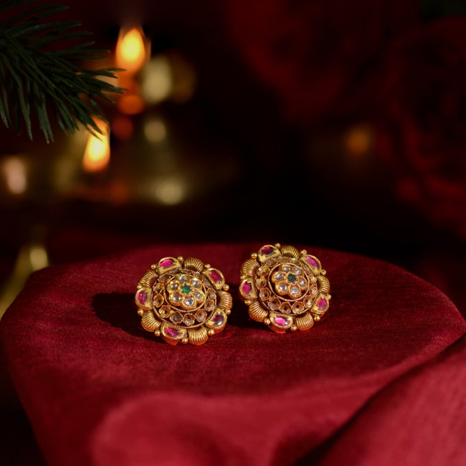 Traditional Gold Earrings with Floral Design