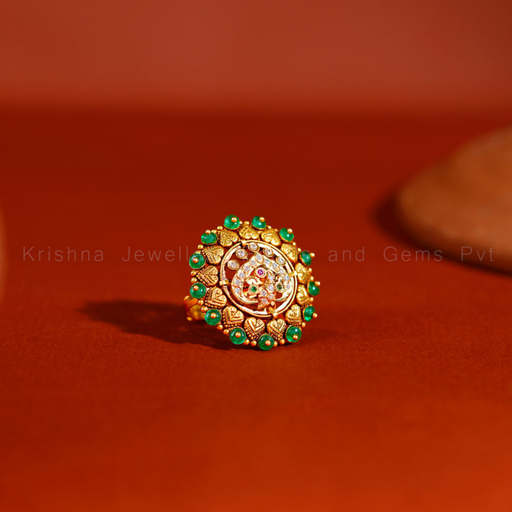Antique Gold Emerald Bead Cocktail Ring with Peacock Motif