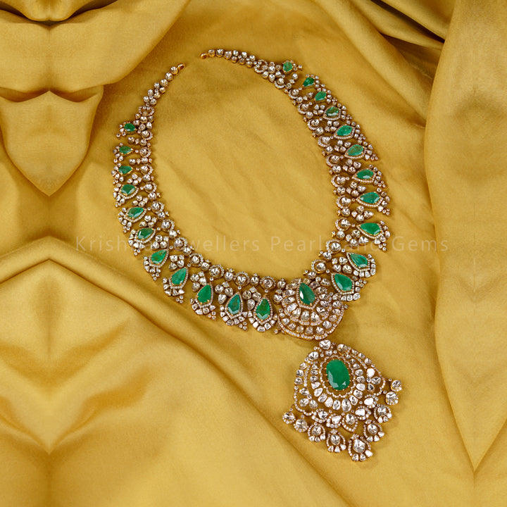 Emerald Polki Necklace Set with Detachable Pendant – 18K Gold