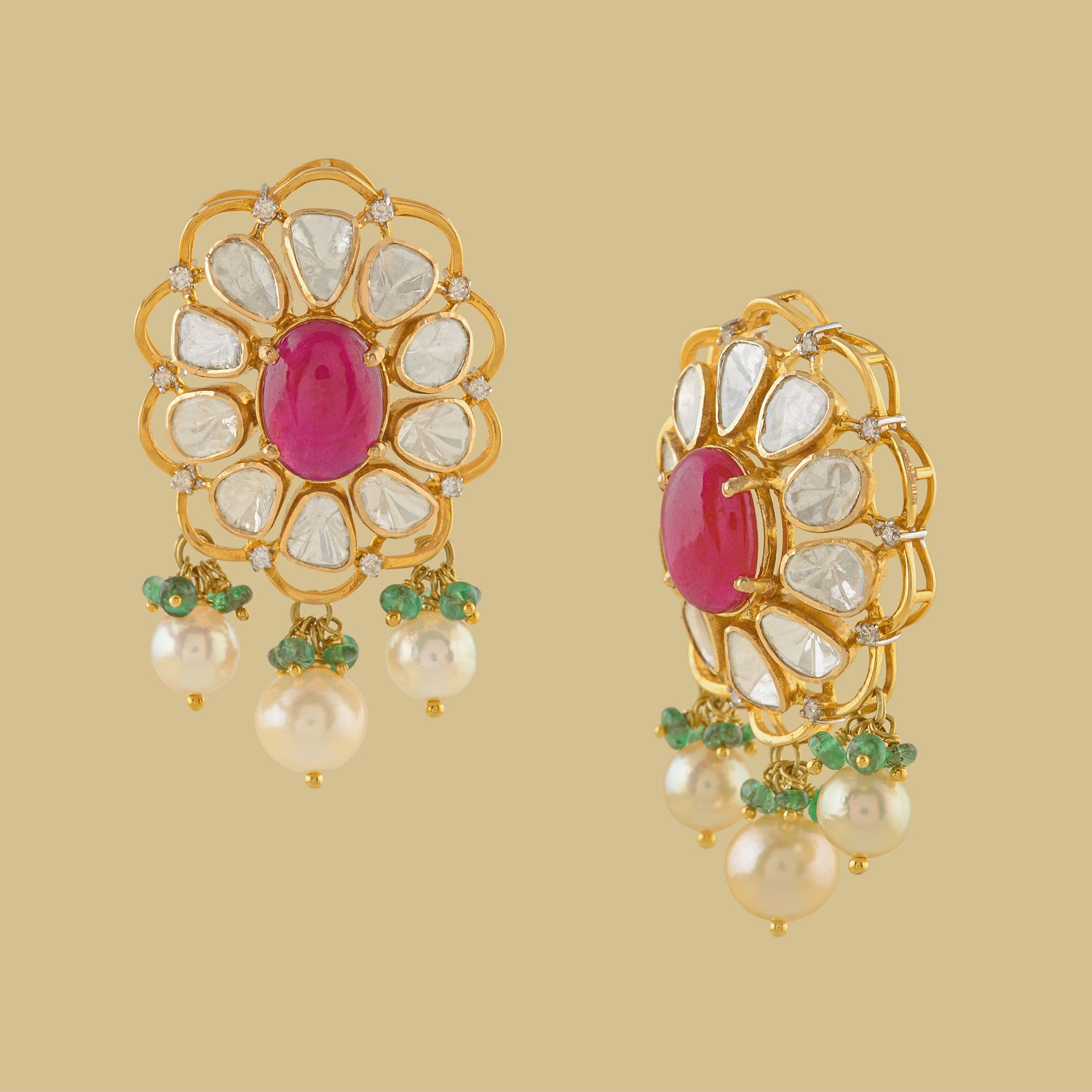 Floral Polki Studs in Gold - Krishna Jewellers Pearls and Gems