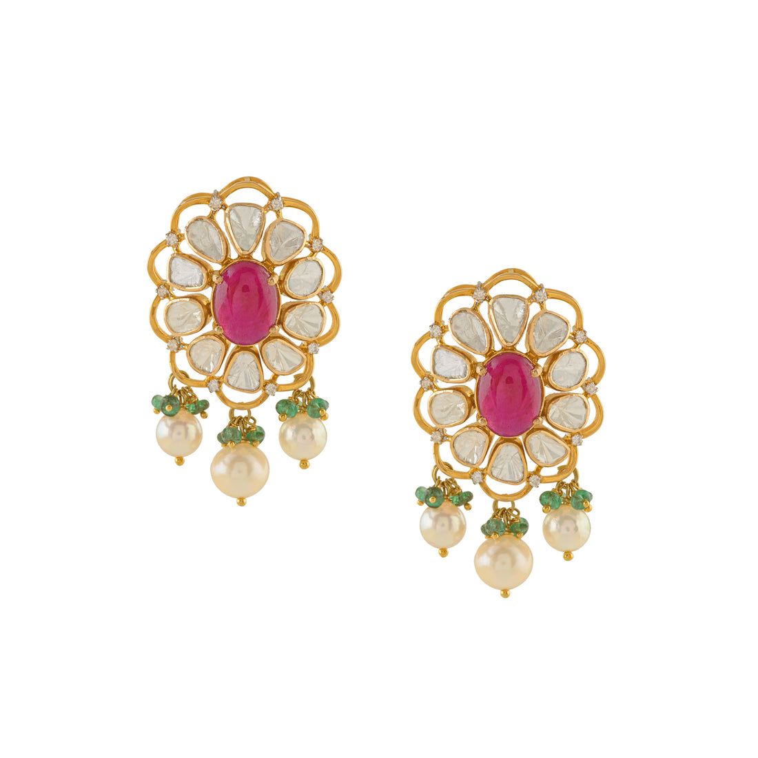 Floral Polki Studs in Gold - Krishna Jewellers Pearls and Gems