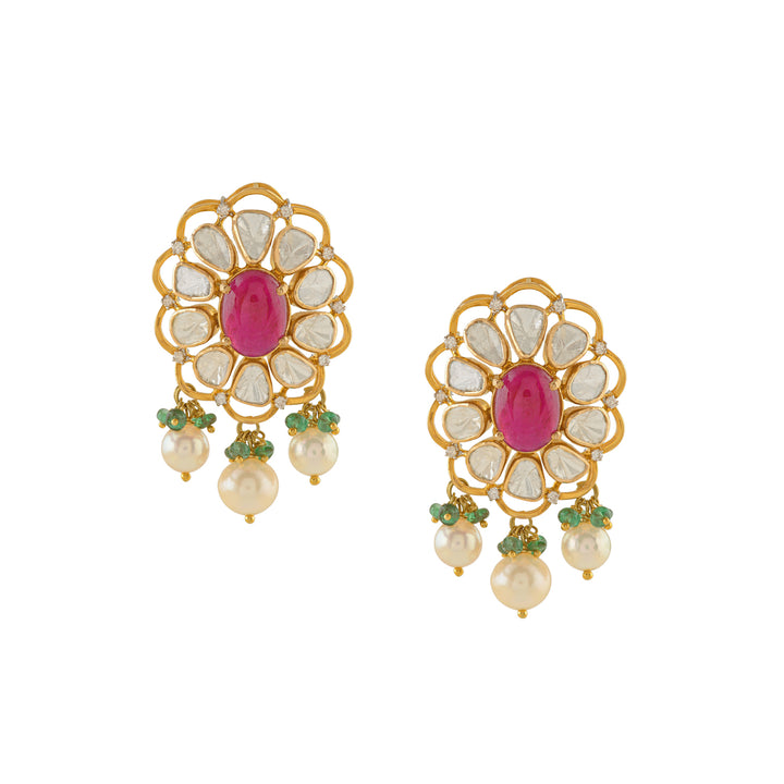 Floral Polki Studs in Gold - Krishna Jewellers Pearls and Gems