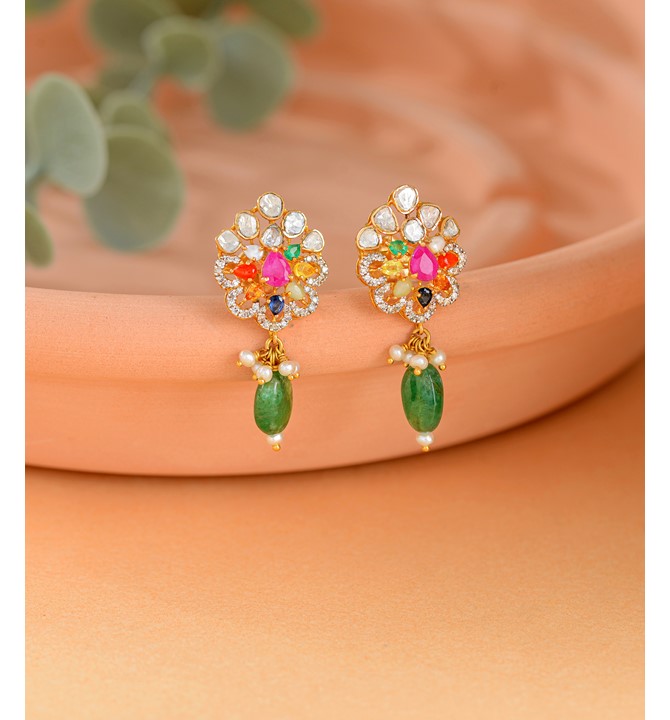 Floral Diamond Earring With Navaratna Stone