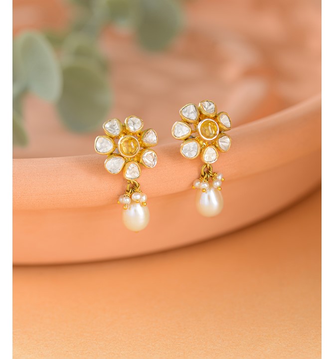 Floral Polki Diamond Studs With Yellow Shappire