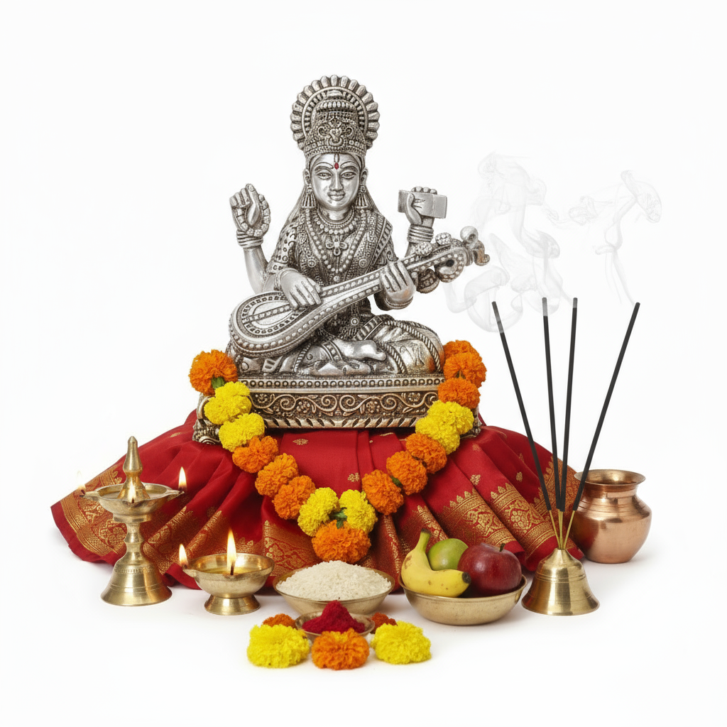 92.5 Sterling Silver Saraswati Idol with Veena - Handcrafted