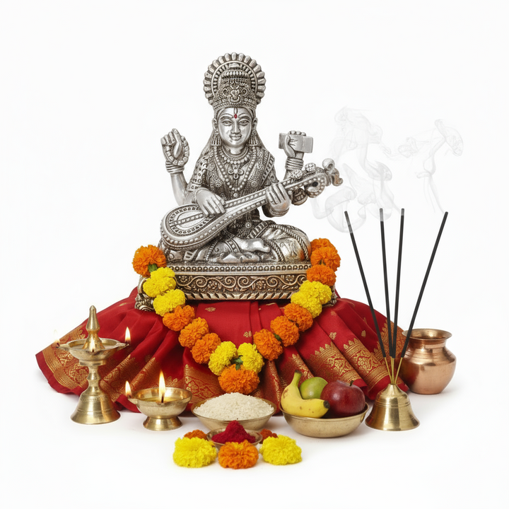 92.5 Sterling Silver Saraswati Idol with Veena - Handcrafted
