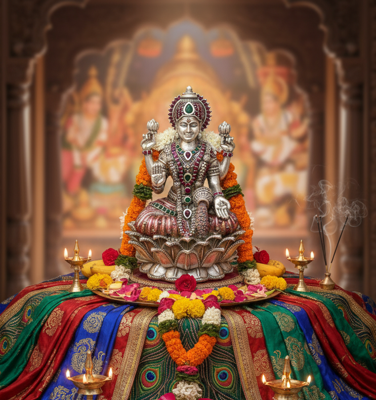 Silver Lakshmi Idol with Colorful Gemstones - Lotus Base
