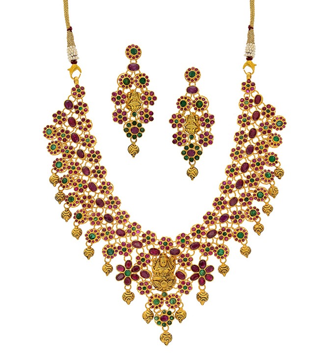 Gold Ruby Emerald Necklace Set