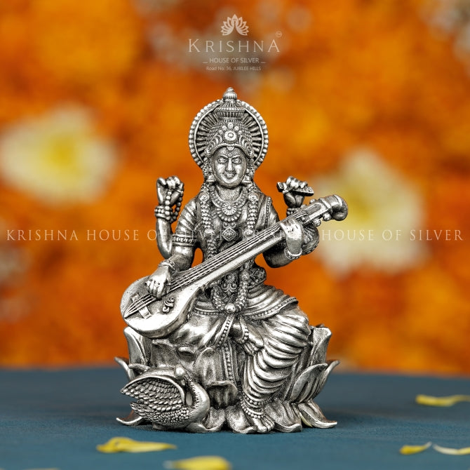 Antique Saraswati Idol In Silver