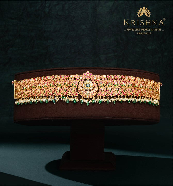 Gold and kundan vaddanam in Peacock Motif