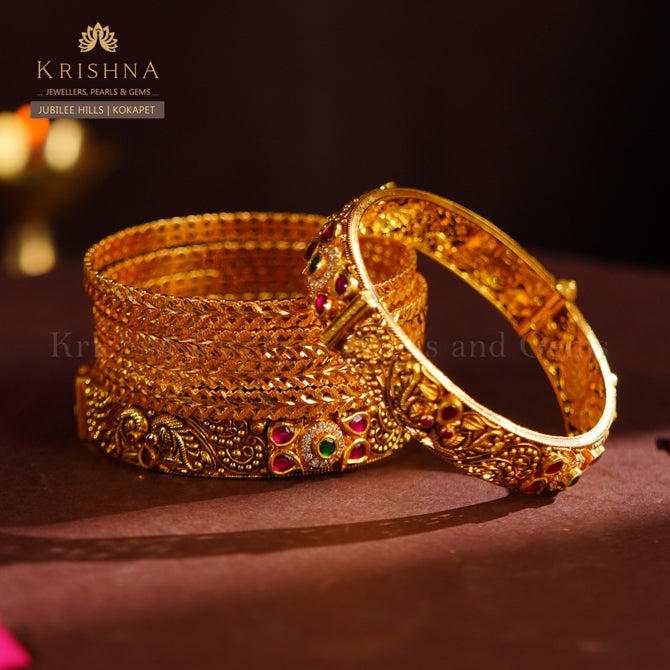 22K Gold CZ Bangles with Ruby & Emerald Pota Bridal & Festive Elegance