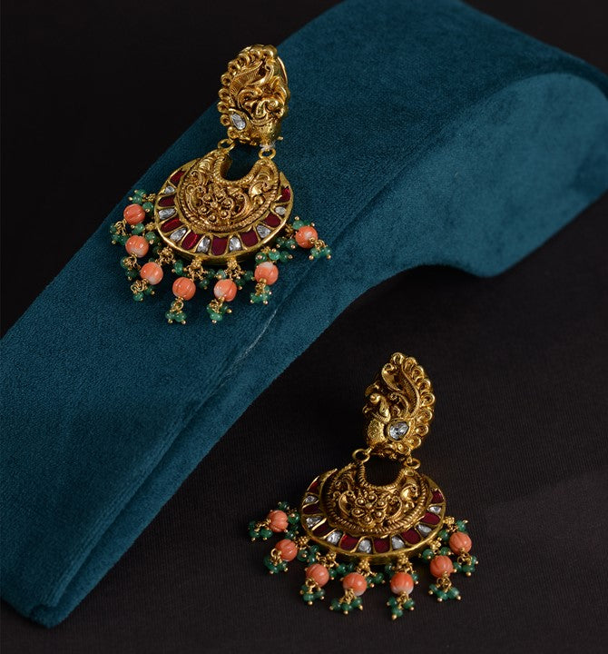 Coral & Emeralds Chandbali Earrings
