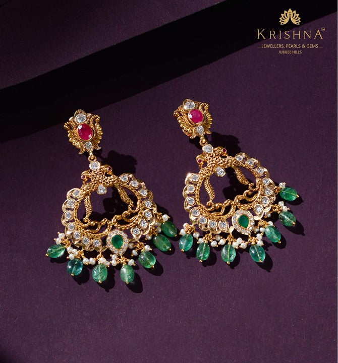 Emerald Beeds & Gold Chandelier Earrings