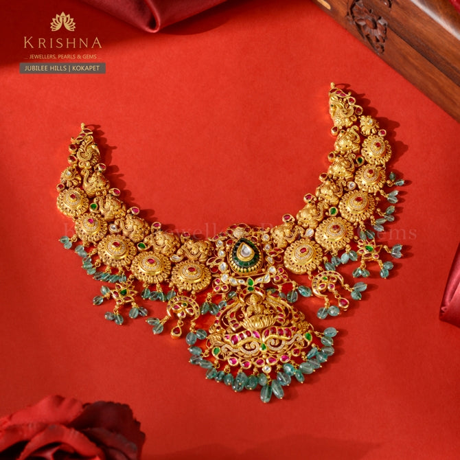 22K Gold Laxmi Devi Choker with Emerald Divine Bridal Jewelry