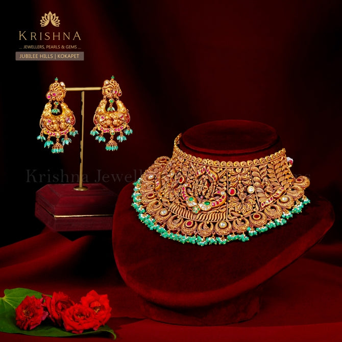 22K Gold Choker Set with Diamonds, Rubies, Emeralds Pearls Wedding Jewellery