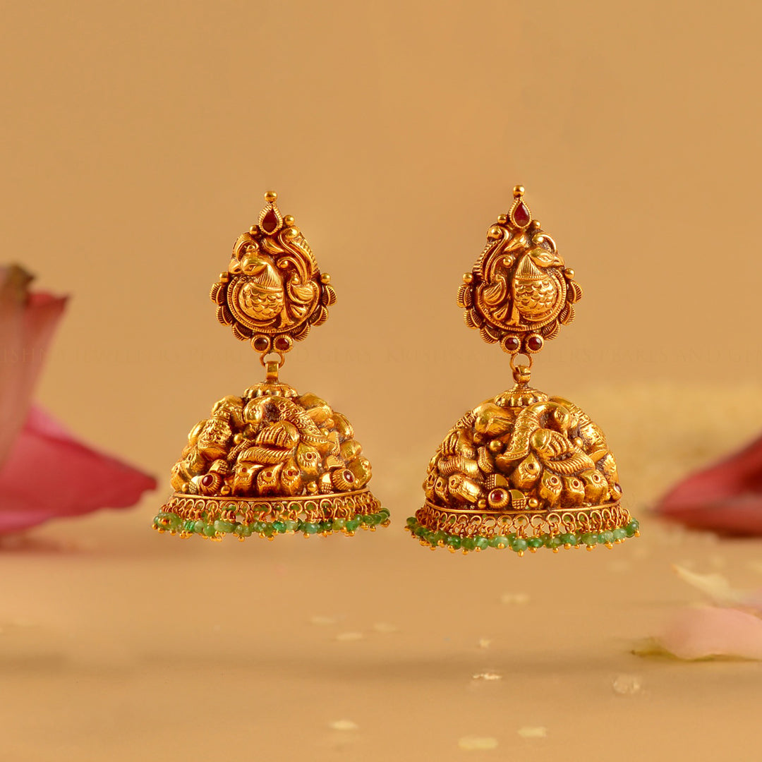 22K Temple Gold Jhumkas with Ruby Pota Stones