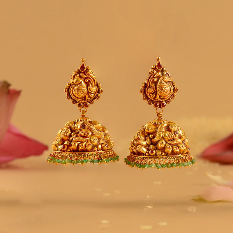 22K Temple Gold Jhumkas with Ruby Pota Stones