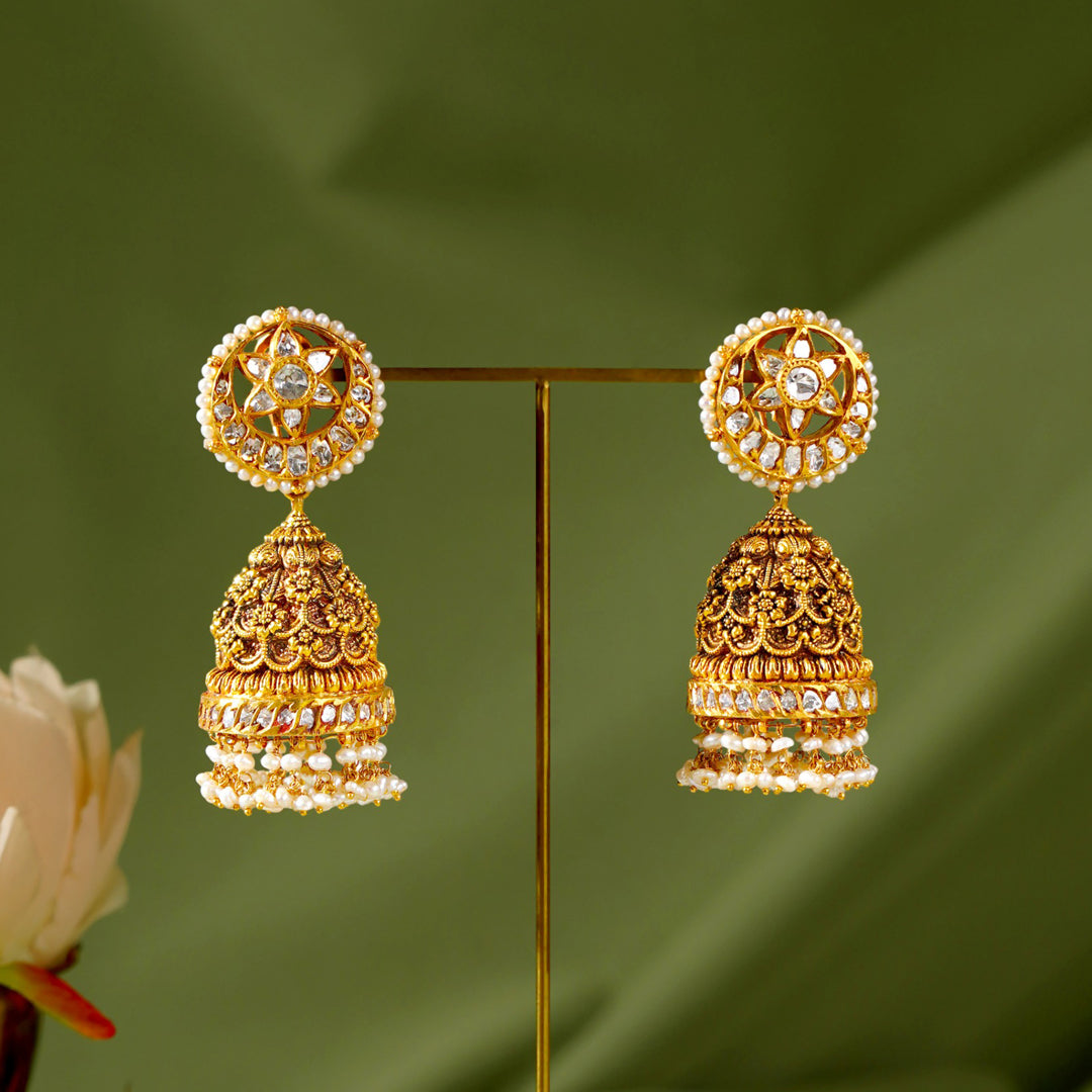 22K Gold Jhumka Earrings with Pearls | Traditional Elegance