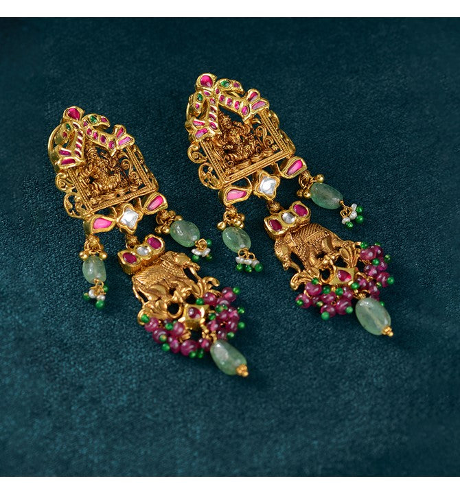 Gold Jhumkas in Laxmi Elephant Motif